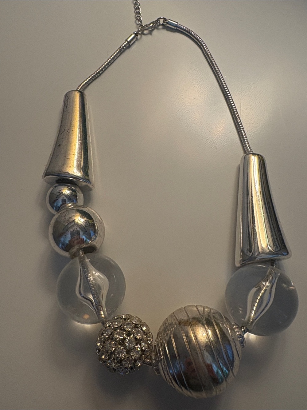 Silver-Tone Bead Necklace with Clear and Crystal Accents